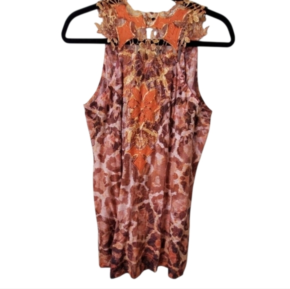 One World Embroydered Graphic Halter Tank Top Orange And Brown Print Size L - Picture 2 of 8